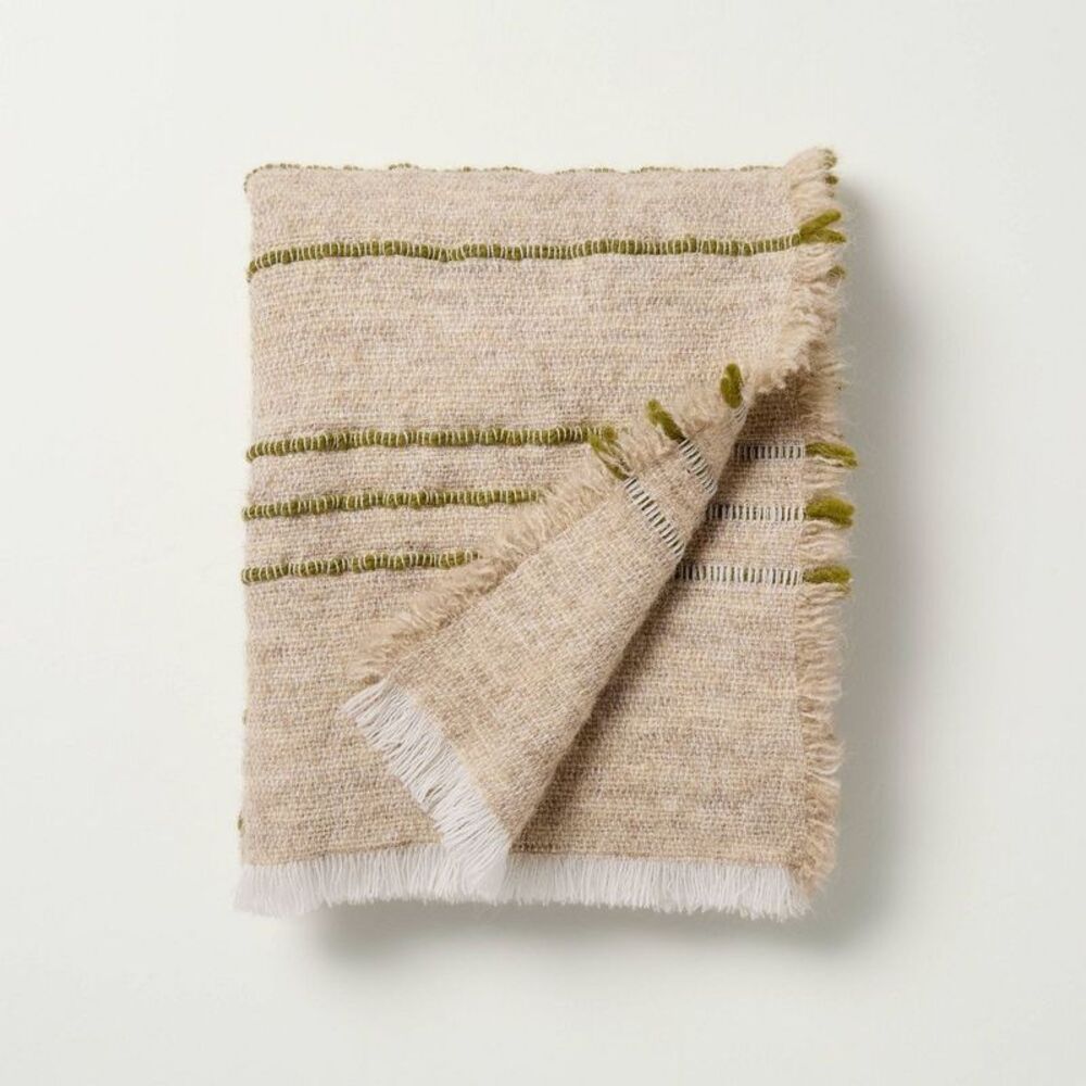 Hearth & Hand Beige Throw with Olive Green Stripes